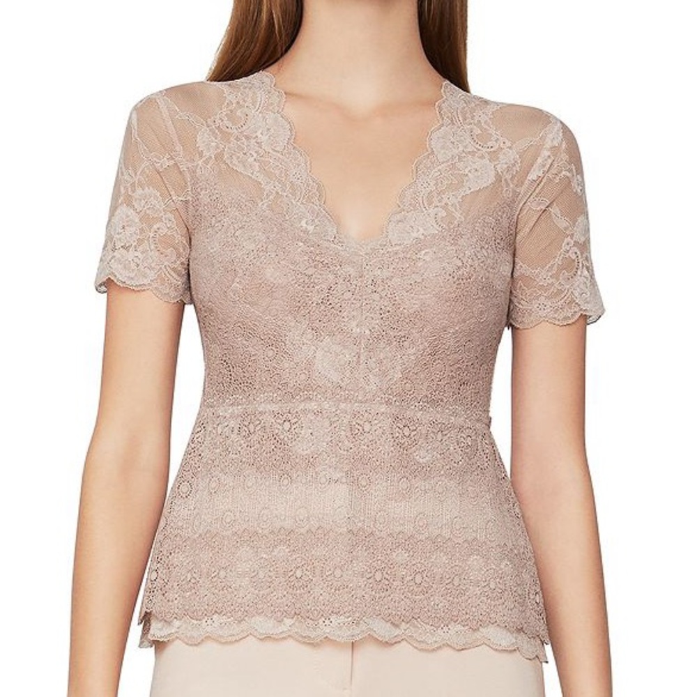 BCBGMAXAZRIA Scalloped Lace Short SleeveTop In Bare Pink V-Neck Babydoll